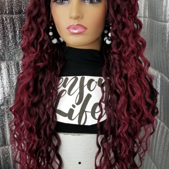 burgundy 30 inches water wave lace front wig main image 5